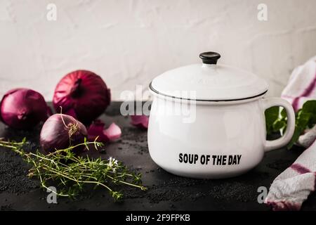 White bowl and lid with soup of the day lettering, red onions and green herbs on black and white background. Copy space. Stock Photo