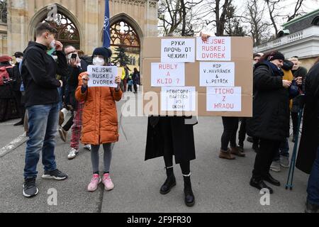 Prague, Czech Republic. 18th Apr, 2021. People protest outside the Russian Embassy in Prague, Czech Republic, April 18, 2021 against Putinist Russia and Russia's suspected involvement in an explosion in the Czech Vrbetice ammunition depot. Credit: Michaela Rihova/CTK Photo/Alamy Live News Stock Photo