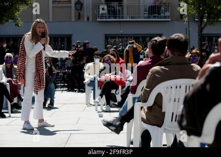 Madrid, Spain; 18.04.2021.- Yolanda Díaz third vice president of the Government of Spain, United We can launch its campaign for the regional elections of the Community of Madrid from the Lavapiés neighborhood. 'We respect order and the law because it is the only thing that humble people have, in the face of arrogance, selfishness and the traps of the right and the far right,' defends Pablo Iglesias, leader of the party and who resigned from his position as vice president In the current government, to be a candidate for the Community of Madrid, he asks the Madrid left to go to vote on election  Stock Photo