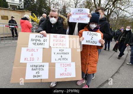 Prague, Czech Republic. 18th Apr, 2021. People protest outside the Russian Embassy in Prague, Czech Republic, April 18, 2021 against Putinist Russia and Russia's suspected involvement in an explosion in the Czech Vrbetice ammunition depot. Credit: Michaela Rihova/CTK Photo/Alamy Live News Stock Photo