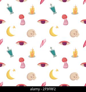 Witch seamless pattern with esoteric mystic elements. Witchcraft supply - mushroom, eye, candle and skull, bottle of green poison Stock Vector