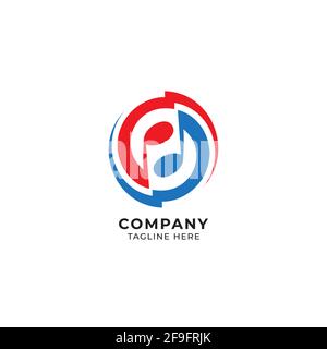 Circular thunder musical note logo design template. Red and blue Yin yang logo concept. Vector illustration isolated on white color background Stock Vector