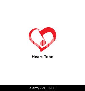 Red musical note vector illustration. Heart Tone, Love and Music logo concept isolated on white color background. Stock Vector