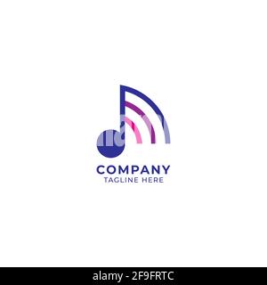 Musical note with signal wave vector illustration. Music and Frequency logo concept. Dark blue pink and purple color gradient. Vector illustration Stock Vector