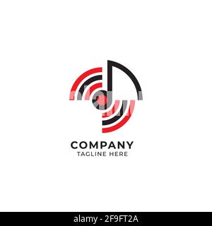 Musical note with two side signal wave vector illustration. Music and Frequency logo concept on black and red color. Vector illustration isolated on w Stock Vector