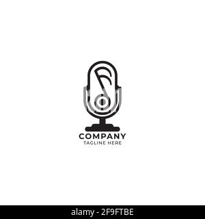 Condenser Microphone with musical note and record button. Podcast music logo design template.  Vector illustration isolated on white color background Stock Vector