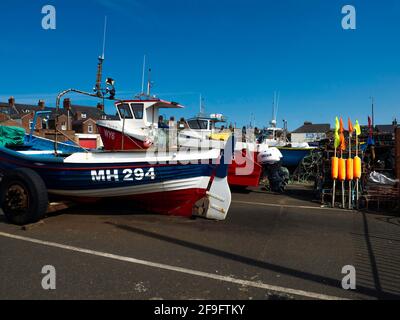 Lobster or crab pots stacked by the boats in Fisherman's Square Redcar North Yorkshire UK Stock Photo