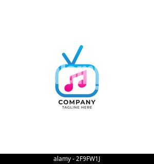 Television icon with beamed eighth notes vector illustration. Music Tv Channel logo concept isolated on white background. Pink and Blue color theme. Stock Vector