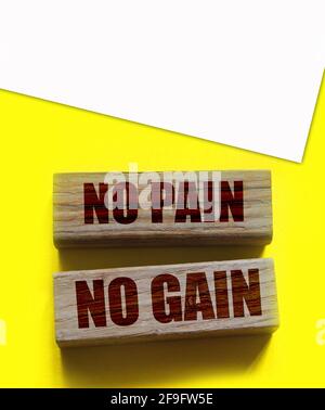 No Pain No Gain message written with wooden blocks on yellow. Business success concept. Stock Photo