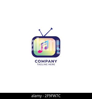 Television with beamed sixteenth notes vector illustration. Colorful Music Tv Channel logo concept isolated on white background. Multicolor gradient. Stock Vector