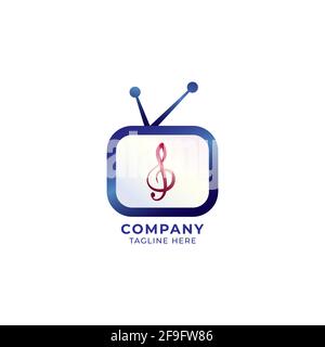 Television with treble clef vector illustration. Glossy Music Tv Channel logo concept isolated on white background. Dark blue and maroon color theme Stock Vector