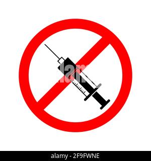 No drugs red forbidden sign with simple black syringe isolated on white Stock Vector