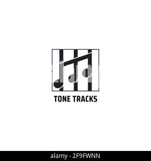 Tone Tracks logo design template isolated on white color background. Musical note with vertical stipes in a square frame vector illustration. Stock Vector