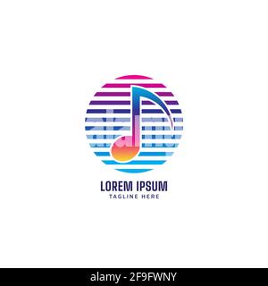 Quaver or Eight Note with Striped Ellipse vector illustration. Synthwave Musical Note logo concept isolated on white color background. Multicolor Stock Vector