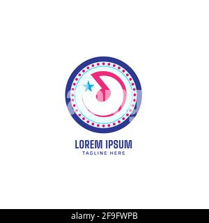 Vector illustration of Quaver or Eight Note with Star and Circle ellipse shape. Musical Note Coin logo concept isolated on white background. Blue Pink Stock Vector