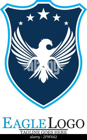 Eagle logo template design with a shield and stars. Vector illustration. Stock Vector