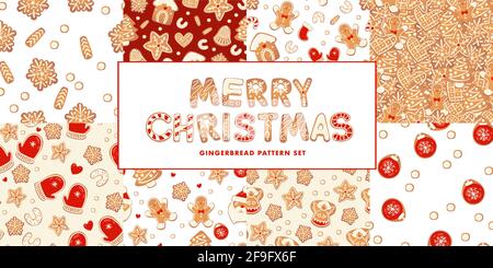 Christmas gingerbread vector seamless patterns set. Winter characters in cartoon style. Holiday design background. New year scandinavian style. Stock Vector