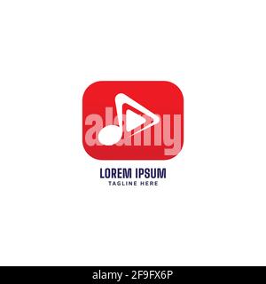 Red play button with musical note icon isolated on white color background. Music TV Channel logo design template. Vector illustration. Stock Vector