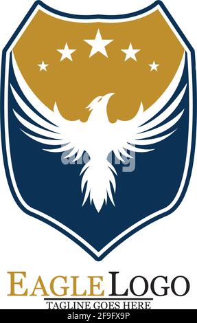 Eagle logo template design with a shield and stars. Vector illustration. Stock Vector