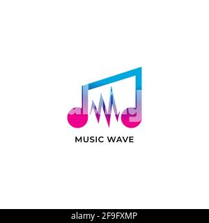Colorful Musical note, beamed eighth notes with pulse.  Music wave logo concept isolated on white background. Neon Multicolor Gradient. Stock Vector