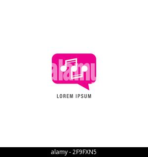 Pink Rounded square chat bubble with musical note vector illustration. Music Podcast logo design template isolated on white color background. Stock Vector