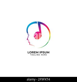 Head with musical note vector illustration. Listen Music with headpone logo concept. Rainbow multicolor gradient. Isolated on white background. Stock Vector