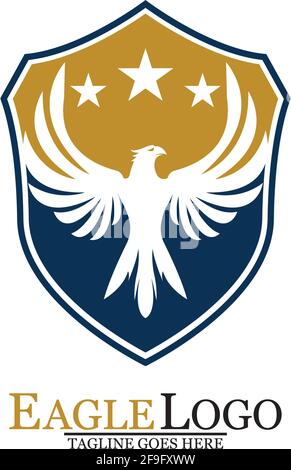 Eagle logo template design with a shield and stars. Vector illustration. Stock Vector