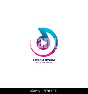 Circular musical note with play button isolated on white background. Music Media Player logo concept. Vibrant multicolor gradient. Stock Vector