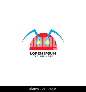 vector illustration of Red insect head with blue musical note feeler and yellow eye isolated on white background. Robot music assistant logo design Stock Vector