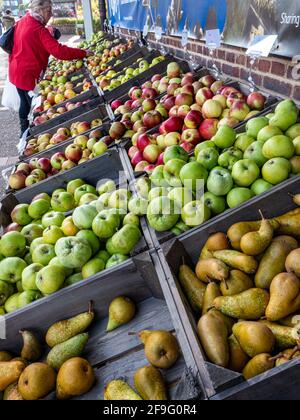 British Fruit Display of apples and pears in wooden crates at Farmers Market, with female shopper browsing the varieties and selection UK Stock Photo