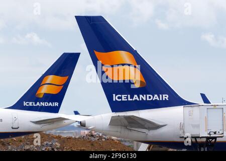Keflavik, Iceland - July 3, 2017: Icelandair Boeing airplane tails at Reykjavik Keflavik airport (KEF) in Iceland.