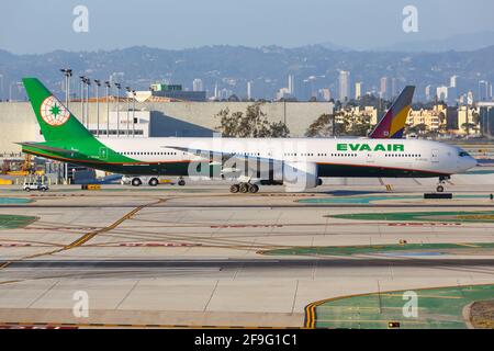 Los Angeles, USA - 19. February 2016: Eva Air Boeing 777-300 at Los Angeles airport (LAX) in the USA. Boeing is an aircraft manufacturer based in Seat Stock Photo