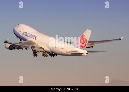 Los Angeles, USA - 20. February 2016: China Airlines Cargo Boeing 747-400 at Los Angeles airport (LAX) in the USA. Boeing is an aircraft manufacturer Stock Photo