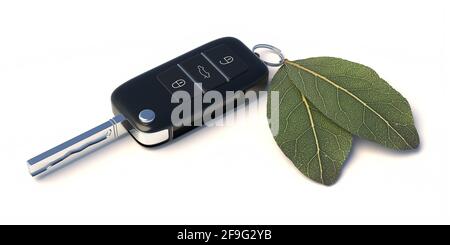 Eco friendly car concept. Car key and green leaf isolated on white background, Ecology driving, no pollution and emission transportation. 3d illustrat Stock Photo