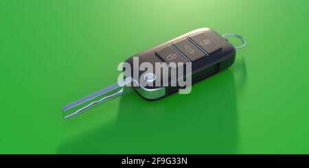 Car key. Auto remote control, flip key isolated on green color background. Vehicle engine start, doors and trunk opening and closing. 3d illustration. Stock Photo