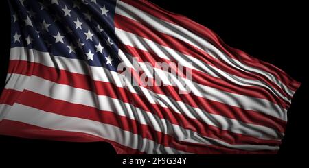 United states sign symbol. US of America flag waving on black background, banner. 3d illustration Stock Photo