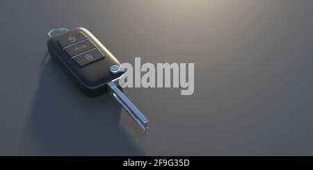 Car key. Auto remote control, flip key isolated on black background. Vehicle engine start, doors and trunk opening and closing. Copy space, template. Stock Photo