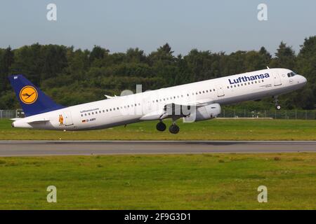 Hamburg, Germany - 03. September 2015: Lufthansa Airbus A321 at Hamburg airport (HAM) in Germany. Airbus is an aircraft manufacturer from Toulouse, Fr Stock Photo
