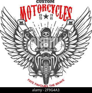 Custom motorcycles. Emblem template with skeleton on winged motorcycle. Design element for logo, label, sign, emblem, poster. Vector illustration Stock Vector