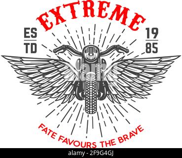 Extreme. Emblem template with winged motorcycle. Design element for logo, label, sign, emblem, poster. Vector illustration Stock Vector