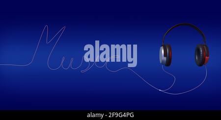 Headphones forming the word 'music' with their cord on blue background. 3d illustration. Stock Photo