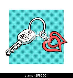 Bunch of keys with a heart shaped keychain. Hand drawn object. Vector isolated illustration pop art Stock Vector