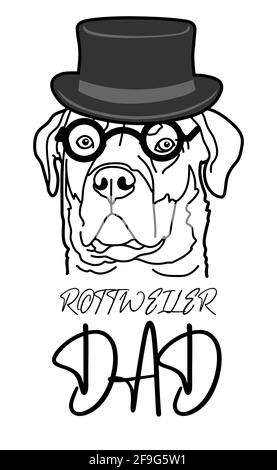 Rottweiler dog breed pet portrait wear hat and eyeglasses, and handwritten lettering, Rottweiler dad, isolated on white background, vector illustratio Stock Vector