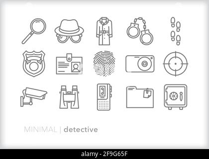 Detective line icon set of items a private eye or police detective would use to solve a mystery or case Stock Vector