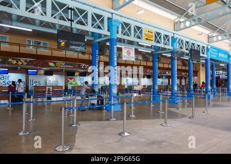 Mahe, Seychelles - November 25, 2017: Check-in at Seychelles International Airport (SEZ) in the Seychelles. Stock Photo