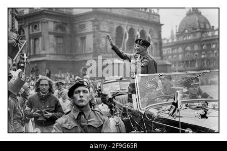 Field Marshall Montgomery 'Monty'  WW2 image of a triumphant Field Marshall Montgomery head of The British Army riding into Copenhagen Denmark on May 12, 1945 Field Marshal Bernard Law Montgomery, 1st Viscount Montgomery of Alamein, KG, GCB, DSO, PC, DL, nicknamed 'Monty' and 'The Spartan General', was a senior British Army officer who served in the First World War, the Irish War of Independence and the Second World War. Stock Photo