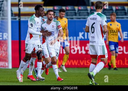 LEUVEN, BELGIUM - APRIL 18: Siebe Schrijvers of OH Leuven celebrating the first goal of his side, with (L) Kamal Sowah of OH Leuven during the Jupiler Stock Photo