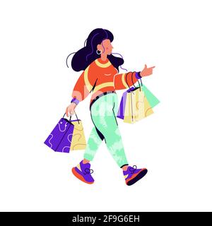 Vector illustration of brunette woman walking with numerous shopping bags isolated on white background. Shopaholics color flat design. Hand drawn art Stock Vector