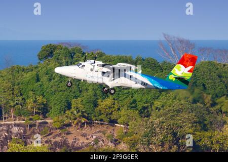 Mahe, Seychelles - November 25, 2017: Air Seychelles DHC-6-400 Twin Otter airplane at Seychelles International Airport (SEZ) in the Seychelles. Stock Photo