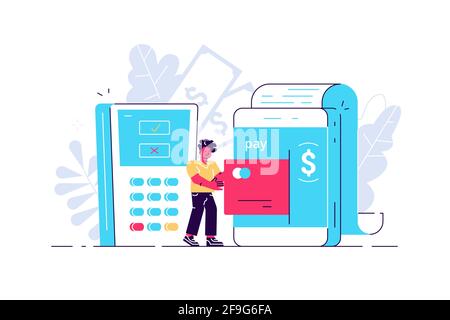 Vector art of cartoon man putting credit card into smartphone with bill near payment terminal on white background. Ordering and buying things online c Stock Vector